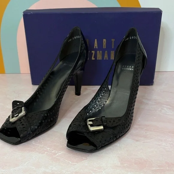 Stuart Weitzman Bowden Peep Toe Black Patent Perforated Buckle Heels, 10M - Picture 2 of 8